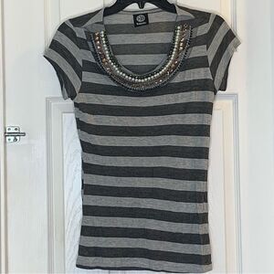 Bobeau Striped Top Beaded Neckline Size Small